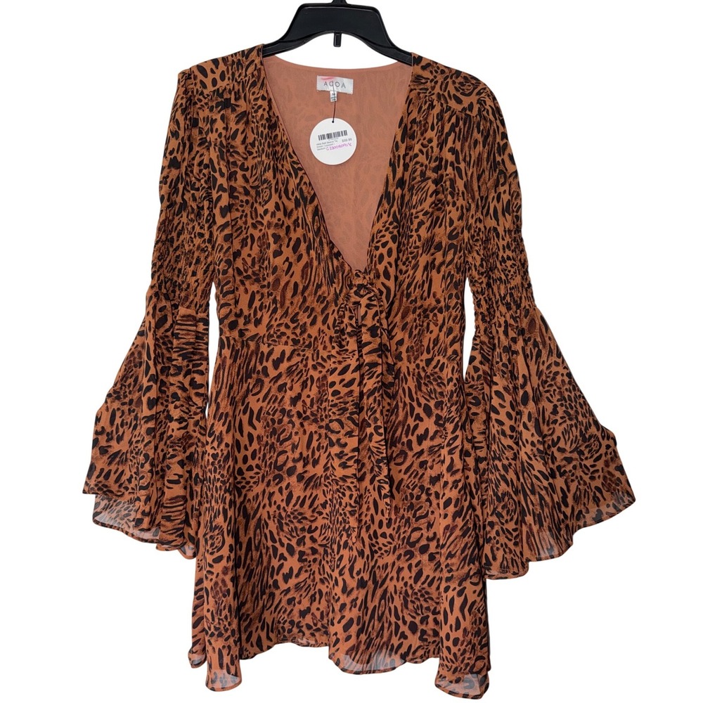 ACOA‎ Hilda Leopard Print Bell Sleeve Tie Front Mini Dress Brown Medium NEW